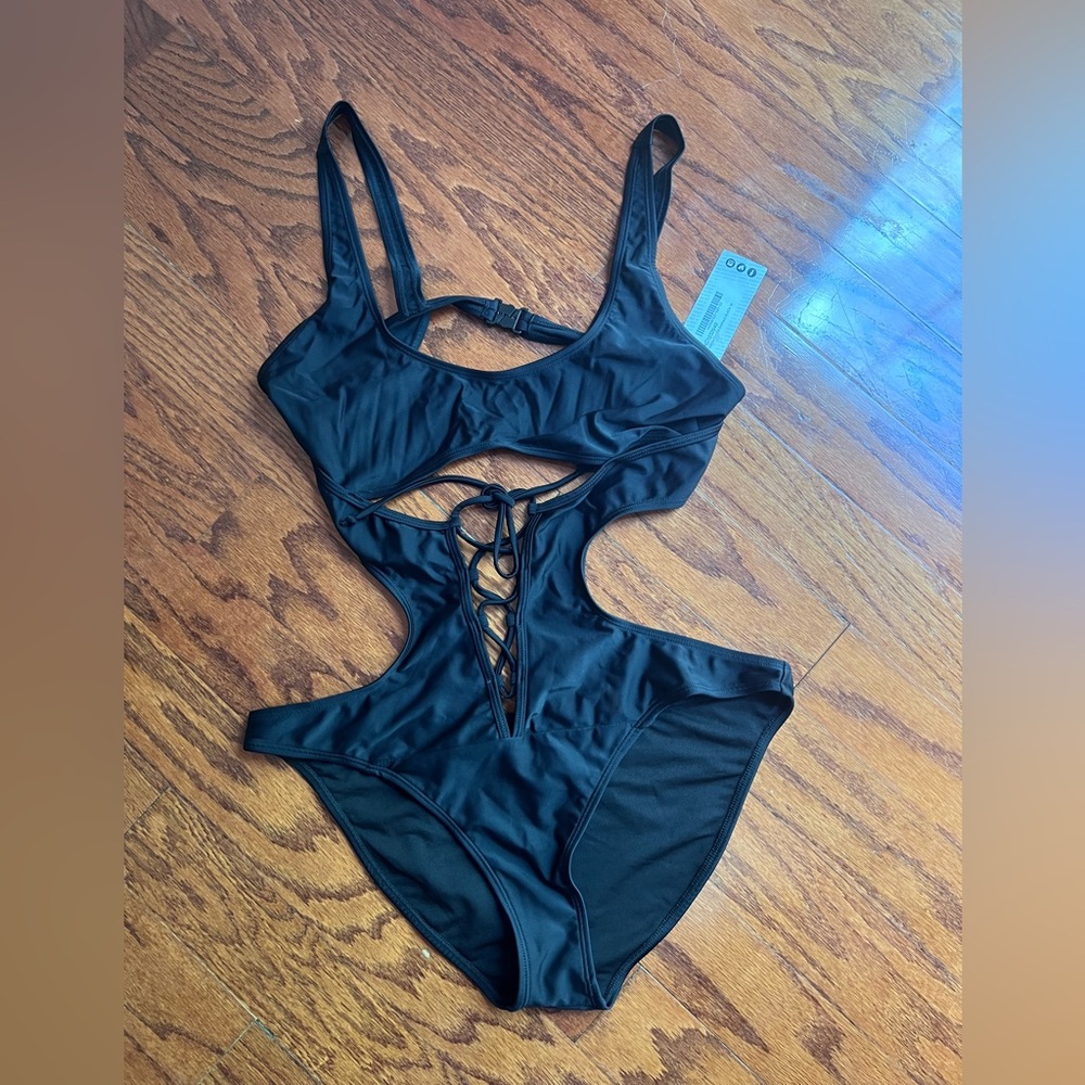 NWT Black Lace-Up Cutout One-Piece Swimsuit